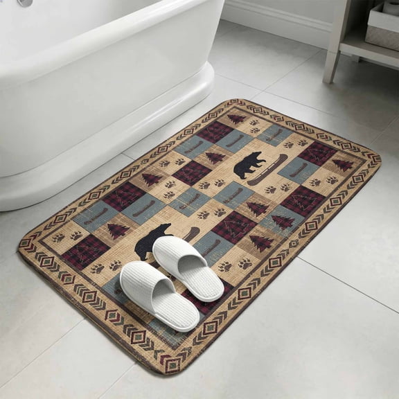Brown Ethnic Bathroom Rugs Non Slip Washable Bath Mat Absorbent Front Door Mat Black Bear Farm Plaid Pine Tree Retro Geometric Indoor Doormat for Kitchen Entryway Shower Decor Accessories 15.7"x23.6"