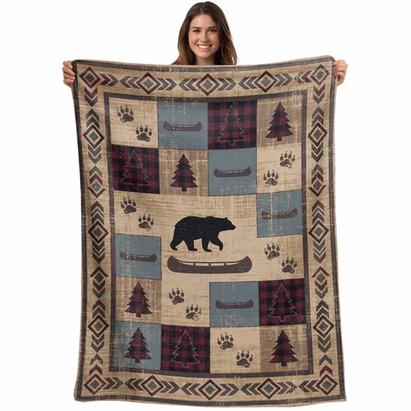 Brown Ethnic Blanket Soft Cozy Warm Throw Blanket for Couch, Plush Fuzzy Flannel Blankets for Sofa, Black Bear Farm Plaid Pine Tree Retro Geometric Bed Blankets Lightweight Gifts for Women, 30"x40"