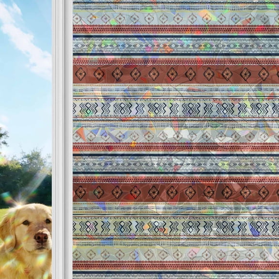 Brown Ethnic Boho Window Privacy Film Stain Glass,Reusable Decorative Rainbow Window Film,Modern Stripes Geometric Abstract Static Cling Sun Blocking Stickers Decals Covers 23.6" x 59" (2pcs)