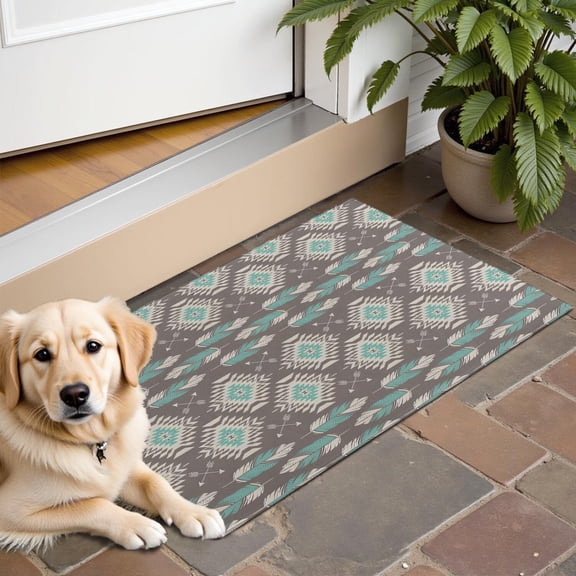 Brown Ethnic Feather Pattern Door Rugs,Washable Non Slip Door Mats Indoor,Decorative Door Mats,Entry Mat Indoor for Entrance,Bedroom,Kitchen,Bathroom,16"x24"