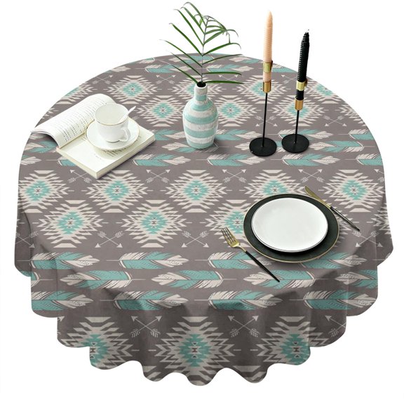 Brown Ethnic Feather Pattern Round Tablecloth 60"x60",Wrinkle Wipeable Table Cloth for Kitchen Dining Room Picnic Patio Party