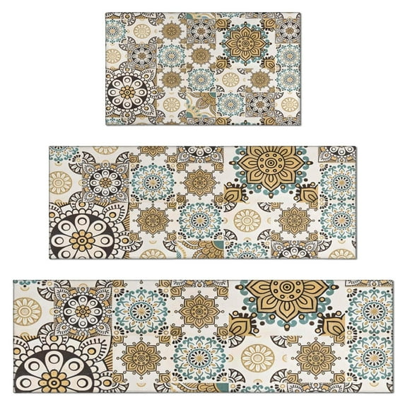 Brown Ethnic Floral and Mandala Pattern Kitchen Rugs Sets Of 3,Kitchen Runner Rugs Non Skid Washable,Decorative Kitchen Floor Mats for Kitchen,Sink,Laundry,17"x30"+ 17"x47" + 17"x59"