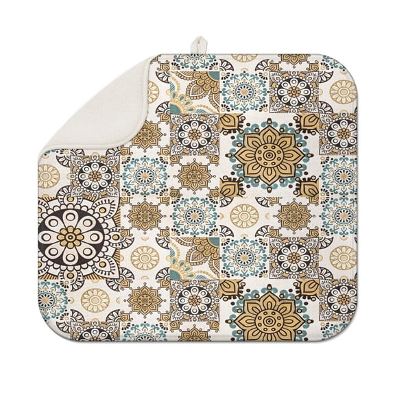 Brown Ethnic Floral and Mandala Pattern Dish Drying Mat for Kitchen 1 Pack, Ultra Absorbent Microfiber Dishes Drainer Mats,16"x18"