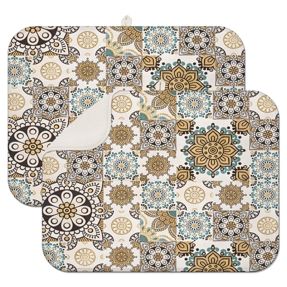 Brown Ethnic Floral and Mandala Pattern Dish Drying Mat for Kitchen 1 Pack, Ultra Absorbent Microfiber Dishes Drainer Mats,18"x24"