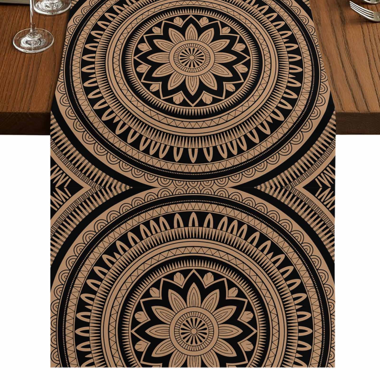 Brown Ethnic Flower 60 Inch Table Runner, Abstract National Boho ...
