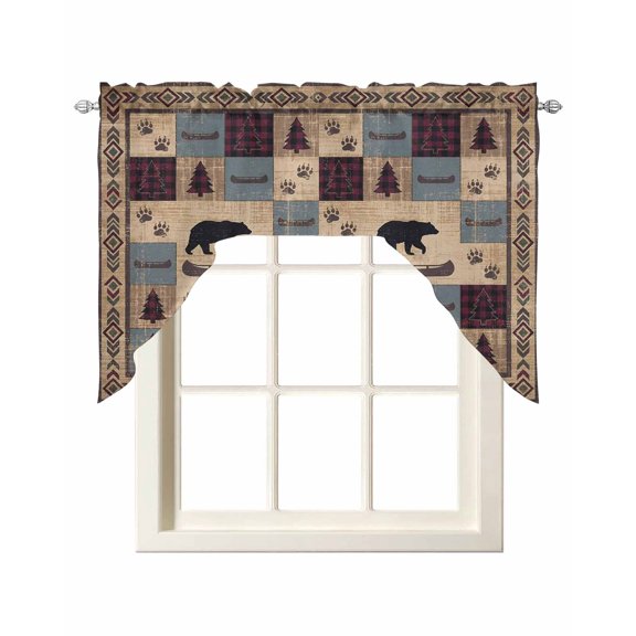 Brown Ethnic Kitchen Swag Valances for Windows, Black Bear Farm Plaid Pine Tree Retro Geometric Swag Valances Curtains for Living Room, Rod Pocket Window Treatments for Bathroom, Cafe, 56"x36"
