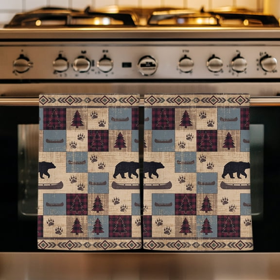Brown Ethnic Kitchen Towels Set of 1, Black Bear Farm Plaid Pine Tree Retro Geometric Absorbent Dish Towels for Kitchen, Microfiber Hand Towel, Quick Drying Tea Towel for Cleaning Dishcloths