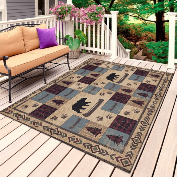 Brown Ethnic Outdoor Rug for Patio/Deck/Porch, Non-Slip Large Area Rug 3 x 5 Ft, Black Bear Farm Plaid Pine Tree Retro Geometric Indoor Outdoor Rugs Washable Area Rugs, Camping Rug Carpet Runner