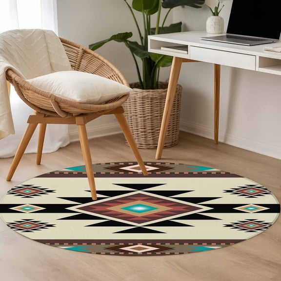 Brown Ethnic Pattern 3.3ft Round Rug for Bedroom Reading Corner, Retro Bohemian Square Abstract Geometric Washable Non Slip Circle Area Rug