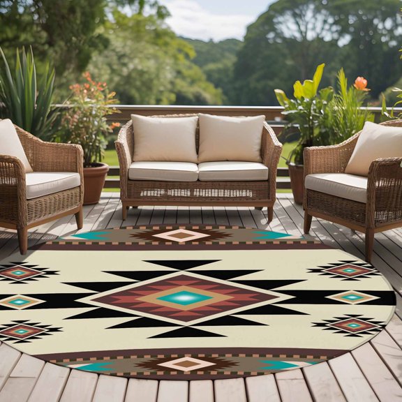 Brown Ethnic Pattern 8ft Round Rug for Open Concept Living Room Seating Zone, Retro Bohemian Square Abstract Geometric Washable Non Slip Large Circle Area Rug