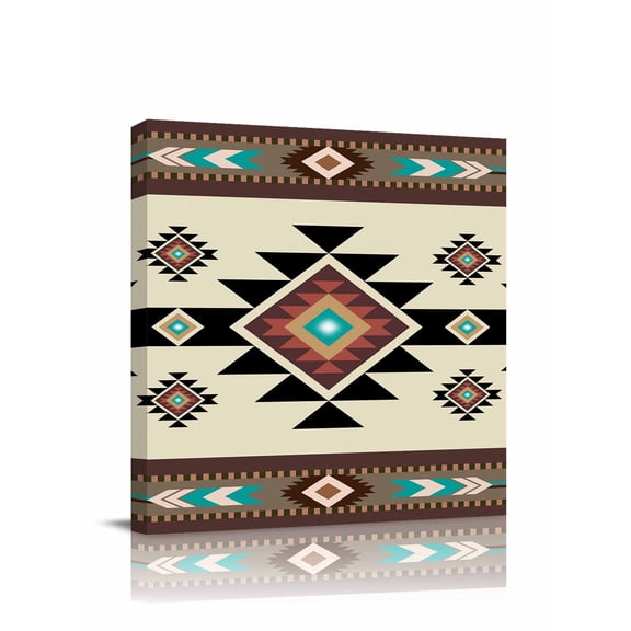 Brown Ethnic Pattern Canvas Wall Art, Retro Bohemian Square Abstract Geometric Framed Wall Decor Modern Artwork Prints Painting for Living Room, Bedroom, Kitchen & Cafe Decor 28x28 Inch