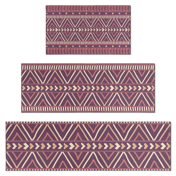 Brown Ethnic Pattern Kitchen Rugs Sets Of 3,Kitchen Runner Rugs Non Skid Washable,Decorative Kitchen Floor Mats for Kitchen,Sink,Laundry,17"x30"+ 17"x47" + 17"x59"
