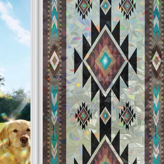 Brown Ethnic Pattern Rainbow Window Privacy Film, Retro Bohemian Square Abstract Geometric Stained Glass Window Film, Sun Blocking Static Cling Non Adhesive Door Stickers 17.7 x 39.3 Inches