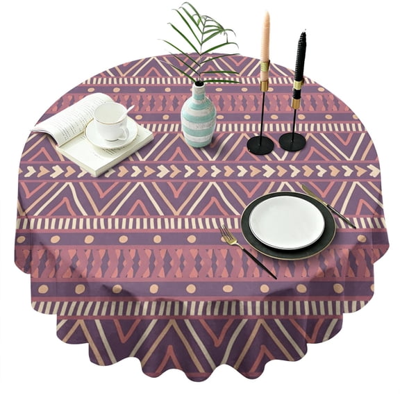 Brown Ethnic Pattern Round Tablecloth 60"x60",Wrinkle Wipeable Table Cloth for Kitchen Dining Room Picnic Patio Party