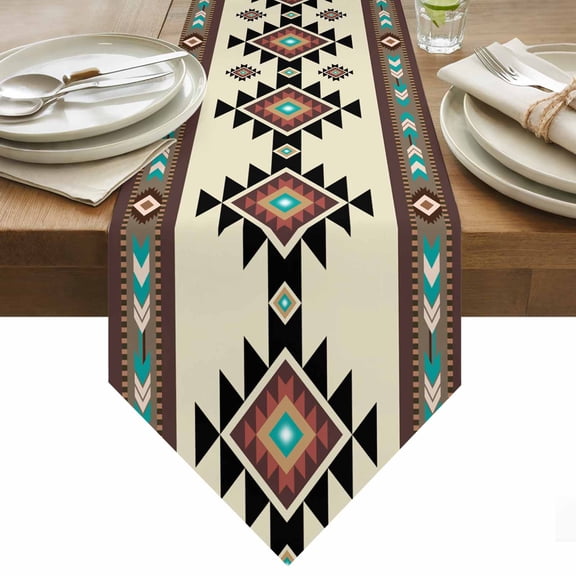 Brown Ethnic Pattern Table Runner 70 Inches Long Retro Bohemian Square Abstract Geometric Table Runners for Dining Room Tabletop Dresser Scarf Home Party Banquet Wedding Holiday Decoration