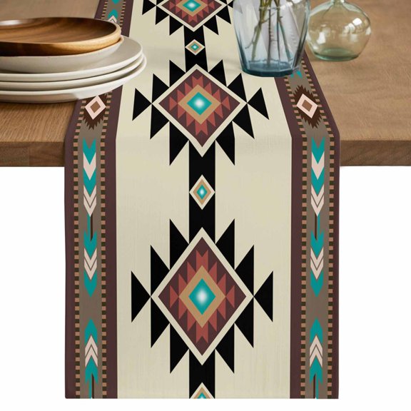 Brown Ethnic Pattern Table Runner, Retro Bohemian Square Abstract Geometric Cotton Linen Kitchen Table Decoration Washable Dining Tabletop Runners for Home Party Decor 13x72 Inches