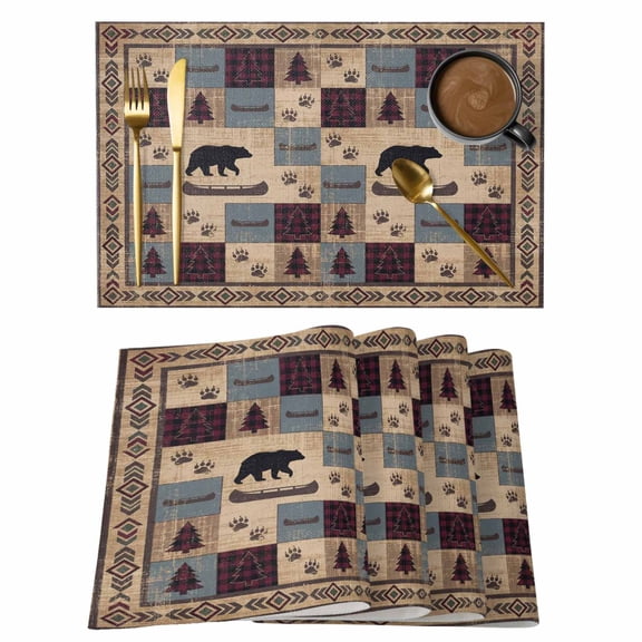 Brown Ethnic Placemats Set of 4 Black Bear Farm Plaid Pine Tree Retro Geometric Place Mats Indoor Wipeable Table Mats Washable Dining Table Placemats for Kitchen Holiday Party Home Decor 13x19 Inch