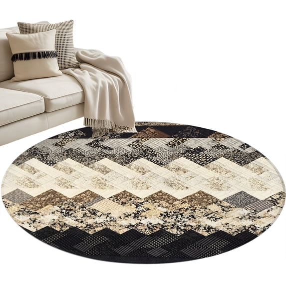 Brown Ethnic Round Rug 3.3ft Washable Circle Entryway Rugs Non Slip Southwest Zigzag Weave Boho Retro Geometric Area Rug Indoor Floor Carpet for Bedroom Kitchen Living Room Office Dining Room Nursery