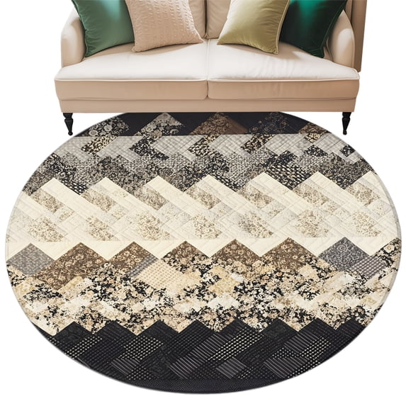 Brown Ethnic Round Rug 8ft Washable Circle Rugs Non Slip Southwest Zigzag Weave Boho Retro Geometric Large Area Rug Indoor Floor Carpet for Bedroom Kitchen Living Room Home Office Dining Room Nursery