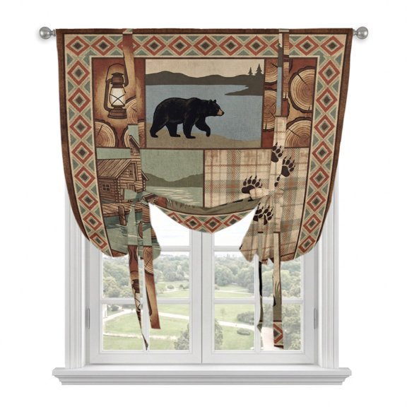 Brown Ethnic Tie Up Curtains for Window, Insulated Balloon Shade Adjustable Rod Pocket Curtains Valance Panels for Kitchen Bathroom Cafe 42 x 63 Black Bear Paw Farmhouse Cabin Canoe Retro Plaid