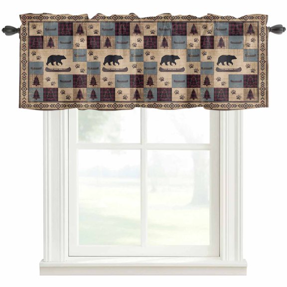 Brown Ethnic Valances for Windows Farmhouse Kitchen Curtains Valances Rod Pocket Valance Curtains Black Bear Farm Plaid Pine Tree Retro Geometric Window Valances for Bathroom Bedroom 42"x12"