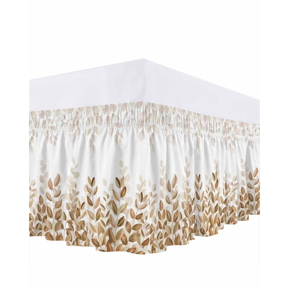 Brown Eucalyptus Bed Skirt Queen Size 18 Inch Drop, Retro Fall Watercolor Leaves Plants Adjustable Elastic Dust Ruffles Bedskirt for Queen Bed Wrap Around Pleated Mattress Frame Cover