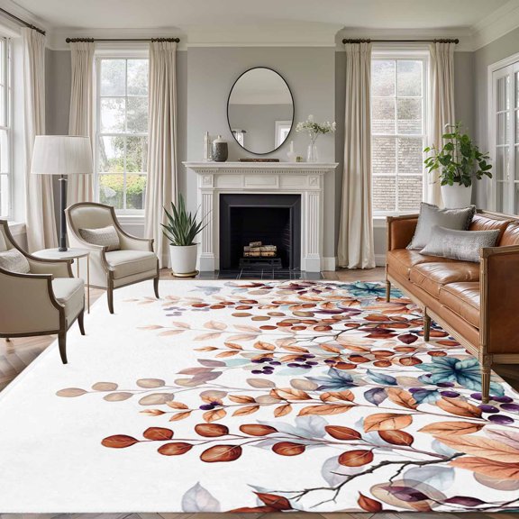 Brown Eucalyptus Fall Area Rug 5x8 Washable Rug Non Slip Botanical Weeping Leaves Pastoral Large Area Rug Soft Stainresistant Indoor Floor Carpet for Living Room Bedroom Home Office Dining Room