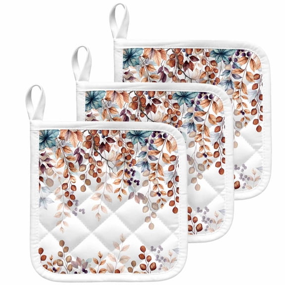 Brown Eucalyptus Fall Pot Holders for Kitchen Heatproof Potholder, 3 Pack Botanical Weeping Leaves Pastoral Hot Pads Multipurpose Oven Pads Cloth Potholders Trivet for Cooking Baking