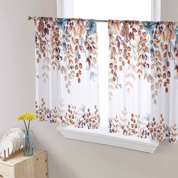 Brown Eucalyptus Fall Semi Sheer Curtains 54 Inch Length 2 Panels Set, Botanical Weeping Leaves Pastoral Sheer Kitchen Curtain Privacy Voile Window Curtain for Living Room Bedroom Rod Pocket Drapes
