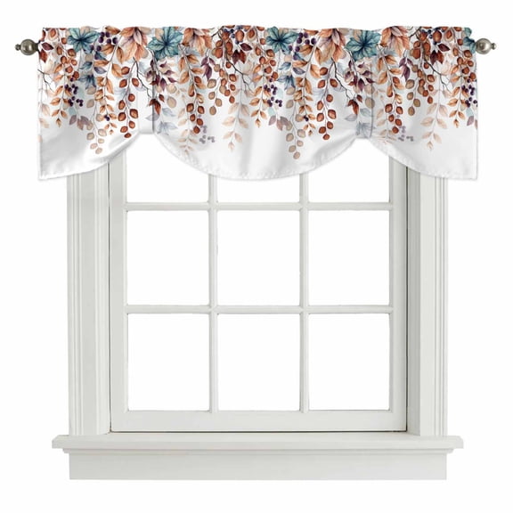 Brown Eucalyptus Fall Tie Up Valance Curtains for Windows, Kitchen Curtains Window Treatments, Botanical Weeping Leaves Pastoral Short Window Shades Valances for Bedroom Bathroom Cafe 42"x12"