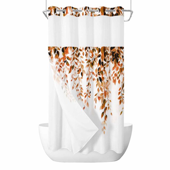 Brown Eucalyptus Leaf No Hook Shower Curtain with Snap in Liner Farmhouse Vintage Watercolor Eucalyptus Leaves Waterproof Bathroom Shower Curtain with See Through Top Window for Bathtub 36" x 72"