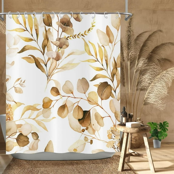Brown Eucalyptus Leaf Long Shower Curtain, Brown Botanical Watercolor Plants Bathroom Curtain Bathtub Home Decor Waterproof Fabric Machine Washable with 12 PCS Hooks,72" Wx84 L