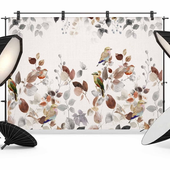 Brown Eucalyptus Leaves Backdrop for Photography, Watercolors Grey Plants Birds Linen Photo Backdrop Portrait Background Party Banner Photo Backgrounds for Studio Booth Props, 7x5ft
