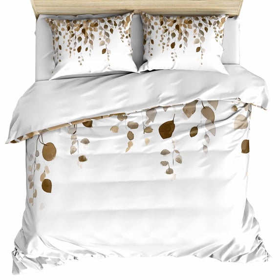 Brown Eucalyptus Leaves Bedding 3 Piece Duvet Cover Set Full Size, Summer Watercolor Leaf Soft Microfiber Comforter Cover with Zipper Closure & Pillowcases, Wrinkle & FadeResistant Quilt Cover