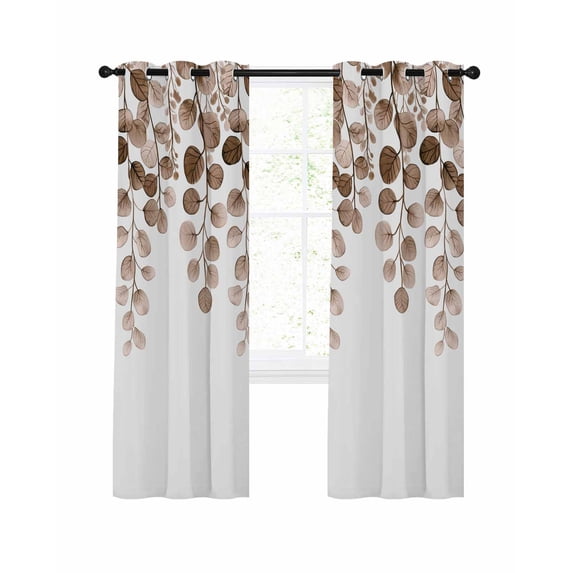 Brown Eucalyptus Leaves Blackout Curtains 39 Inches Long for Bedroom, Watercolor Floral Leaf Plants Thermal Insulated Room Darkening Black Out Window Curtain Panels Grommet Drapes for Living Room