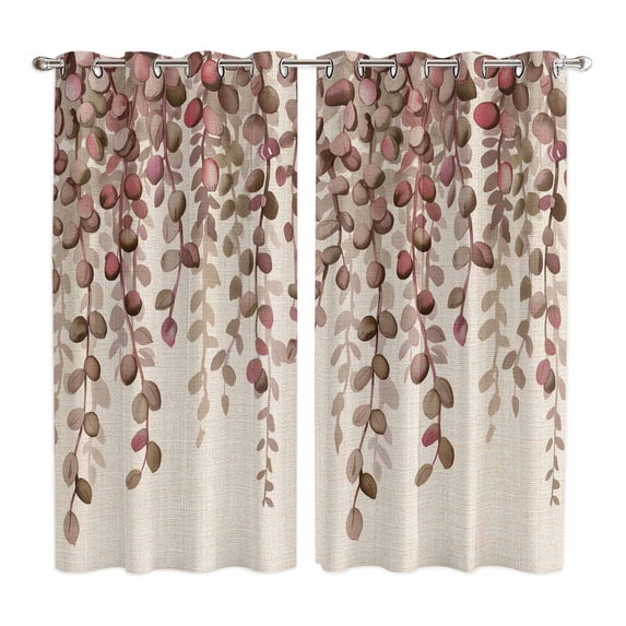 Brown Eucalyptus Leaves Kitchen Curtains Window Panels, Spring Leaves Plants Country Beige Insulated Window Treatment Curtain, Grommet Curtains for Bedroom/Living Room/Bathroom, 2 Piece 52"Wx84"L