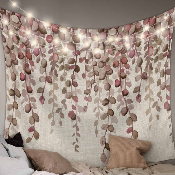 Brown Eucalyptus Leaves Large Tapestry for Bedroom Wall Hanging Tapestry,Spring Leaves Plants Country Beige Ceiling Backdrop Tapestries Poster Blanket Wall Decor for Teens Room Living Room 85" x 90"