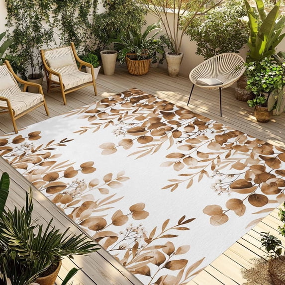Brown Eucalyptus Leaves Outdoor Rug for Patio/Deck/Porch, Non-Slip Large Area Rug 6 x 9 Ft, Spring Summer Botanical Indoor Outdoor Rugs Washable Area Rugs, Reversible Camping Rug Carpet Runner