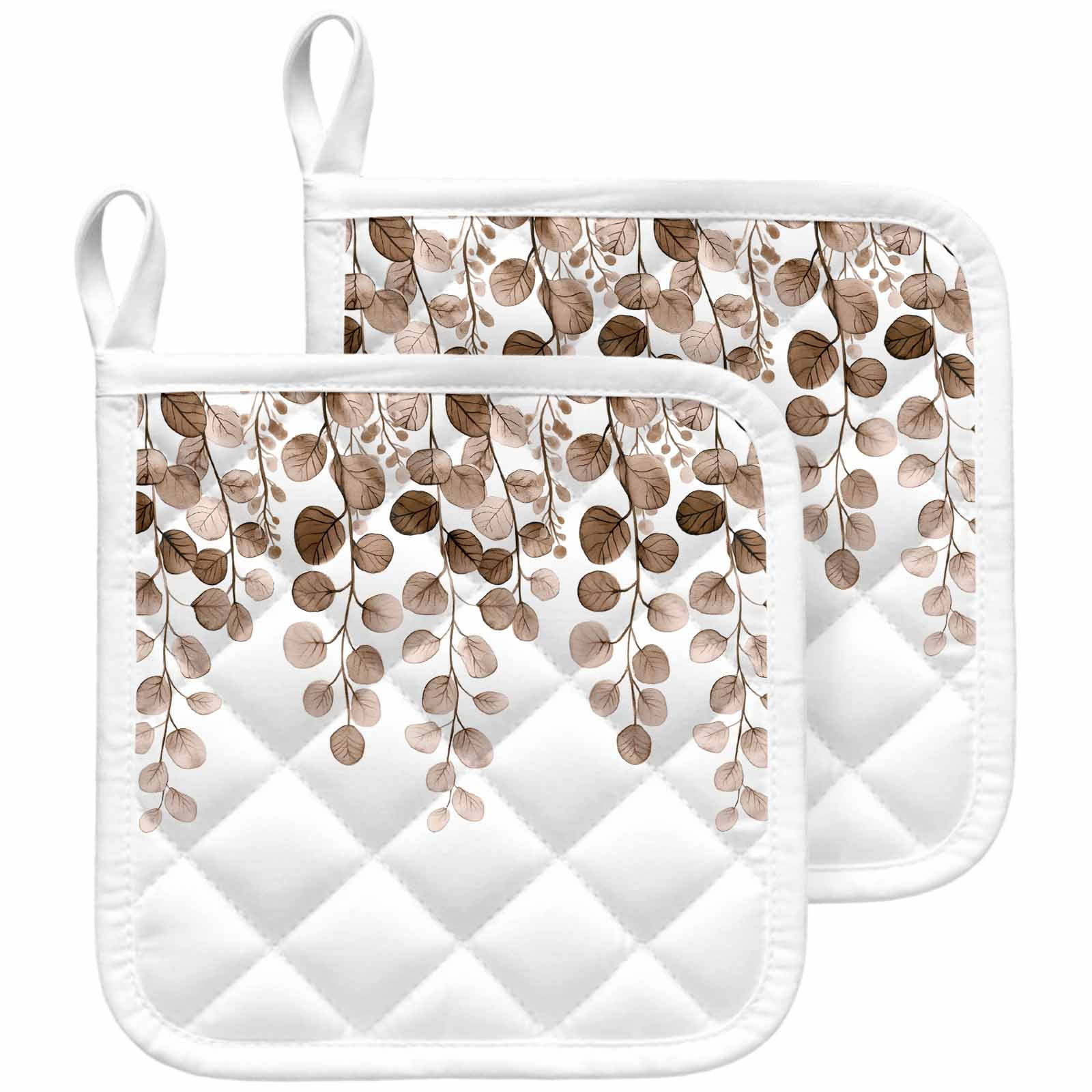Brown Eucalyptus Leaves Pot Holders for Kitchen Heatproof Potholder, 2 Pack Watercolor Floral Leaf Plants Hot Pads Multipurpose Oven Pads Cloth Potholders Trivet for Cooking and Baking