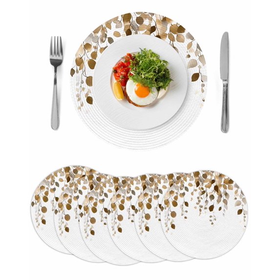 Brown Eucalyptus Leaves Round 13 Inch Placemats Set of 6, Summer Watercolor Leaf HeatResistant Non Slip Place Mats for Dining Table, Wipeable Braided Kitchen Table Mats for Housewarming