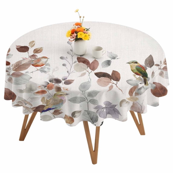Brown Eucalyptus Leaves Round Tablecloth 54 inches Watercolors Grey Plants Birds Linen Waterproof Oil-Proof Table Cloth Round Table Cover for Holiday Party Picnic Dinner Decor Indoor and Outdoor Use
