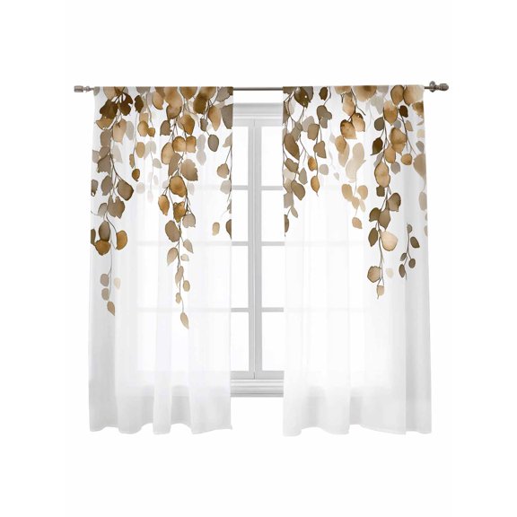 Brown Eucalyptus Leaves Sheer Curtains 2 Panels Set Watercolor Retro Leaf Lihgt Filtering Rod Pocket Voile Drape, Semi Sheer Window Curtains for Bedroom Living Room, 52"x72"