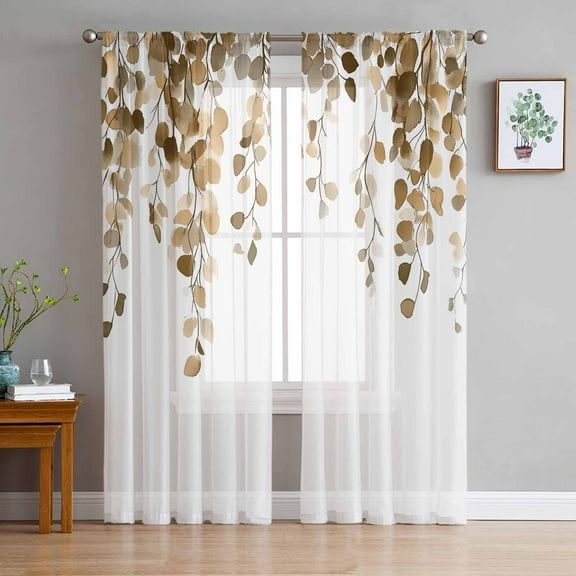Brown Eucalyptus Leaves Sheer Curtains 72 Inches Long 2 Panels Set, Window Sheer Curtains for Living Room/Bedroom, Summer Botanical Watercolor Light Filtering Rod Pocket Curtain 52'' x 72'' x 2