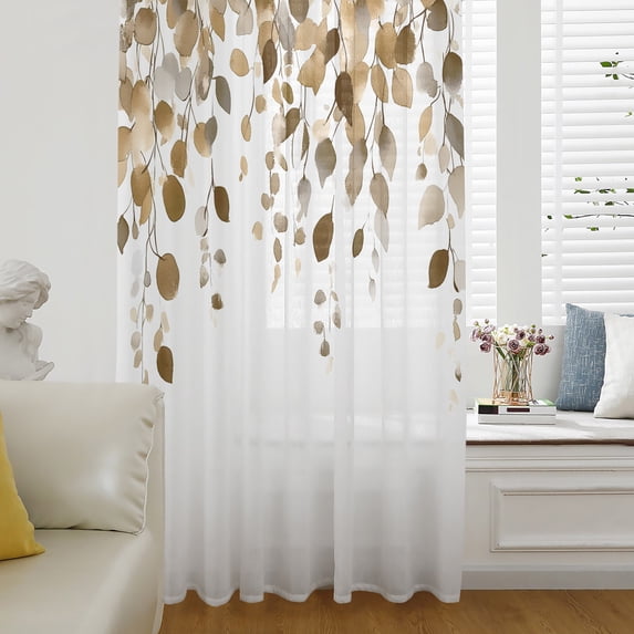 Brown Eucalyptus Leaves Sheer Curtains 84 Inch Length, Light Filtering Voile Curtain Panel, Summer Watercolor Leaf Rod Pocket Drapes Window Treatments for Living Room Bedroom 52"x84"