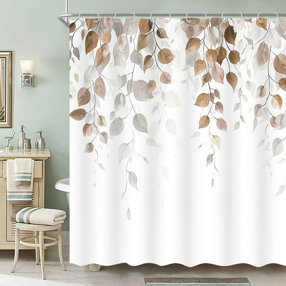 Brown Eucalyptus Leaves Shower Curtain, Natural Watercolor Floral Shower Curtain for Bathroom Decor, Spring Leaf Vines Botanical Ink Shower Curtain Set with 12 Hooks 72x72 inch