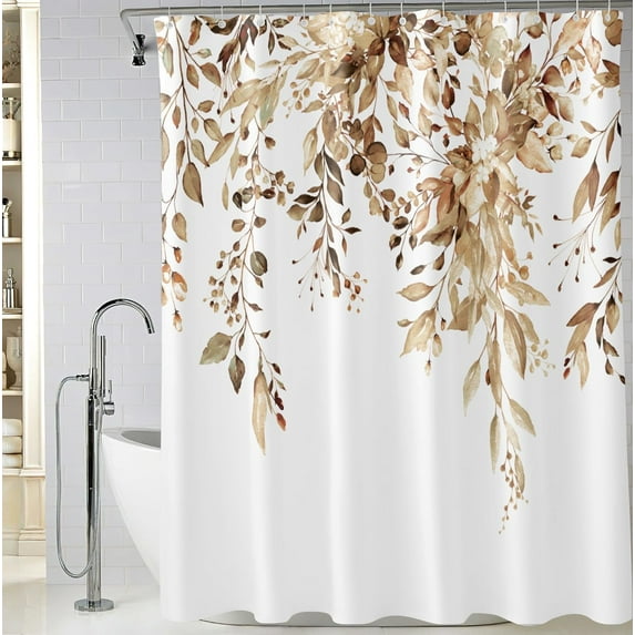 Brown Eucalyptus Leaves Shower Curtain, Watercolor Plant Floral Bathroom Shower Curtain, Fabric Waterproof Botanical Shower Curtain with 12 Hooks, 72 x 72 Inch