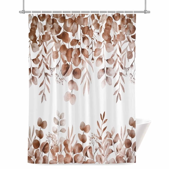Brown Eucalyptus Leaves Shower Curtain, Watercolor Spring Summer Botanical Waterproof Shower Curtain Set with 12 Hooks Lightweight Bath Curtains Fabric Bathroom Decor 72x78 Inches