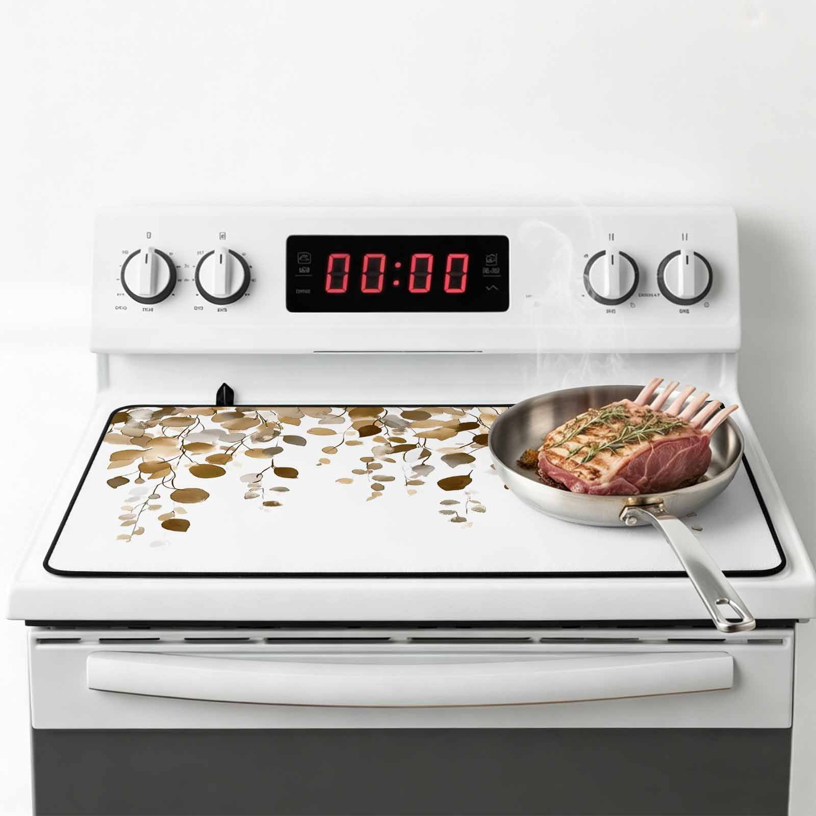 Brown Eucalyptus Leaves Stove Top Cover for Electric Stove, Heat-proof & Non Slip Glass Top Stove Cover Protector, Summer Watercolor Leaf Kitchen Flat Cooktop Rubber Mat 24x21 Inches