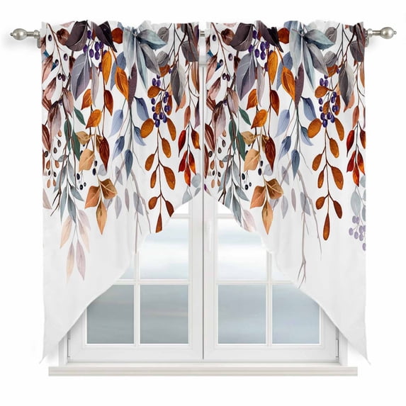 Brown Eucalyptus Leaves Swag Curtains for Kitchen/Bedroom/Living Room, Summer Botanical Watercolor Leaf Scalloped Curtains 63 Inch Long, Window Swag Topper Curtains Valances 2 Panels Set 36"x63"