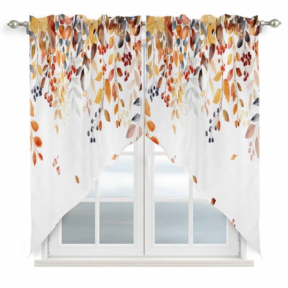 Brown Eucalyptus Leaves Swag Valances for Windows 2 Pack, Kitchen Window Curtains 36 Inch Length, Summer Botanical Weeping Watercolor Privacy Swag Curtains for Living Room/Bathroom 36"x36"